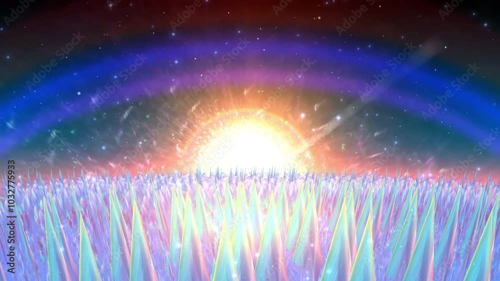 Wall mural abstract futuristic landscape with a shining sun behind rows of pointed shapes.