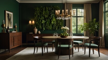 A modern dining room with a green wall, a large chandelier, and a wooden table set with chairs.
