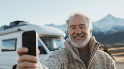 Senior adventurer on a solo road trip, taking a selfie next to a camper van with scenic mountains in the background photo