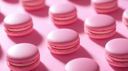 Fototapeta premium Morning Glow: Delicate Macarons on Minimalist Pink Background with Isometric View and Playful Shadows