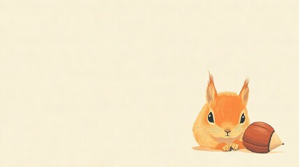   Drawing of squirrel holding nut on beige background, set against white background