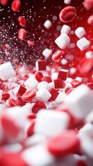 Red blood cells and sugar cubes representing high blood sugar and diabetes health issues.