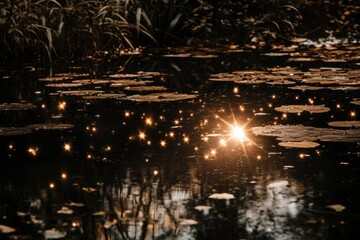 Golden Light Reflecting on Still Water with Lily Pads