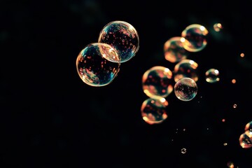 Naklejka premium Floating soap bubbles illuminated against a dark background showcasing delicate reflections and a sense of lightness perfect for dreamy and whimsical visuals in abstract design projects