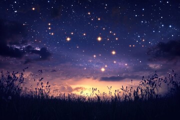 Naklejka premium A Starry Night Sky Over a Silhouetted Field of Grass