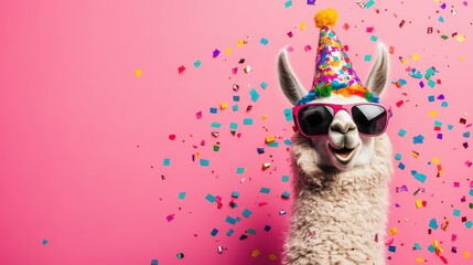 Llama in a colorful party hat and sunglasses with confetti on a pink background. Fun, quirky celebration with a humorous twist.