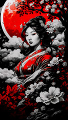 Fototapeta premium Japanese Art With A Red Moon