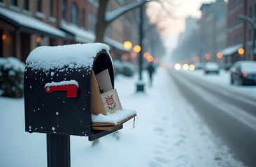 A mailbox, dusted with snow, overflows with festive Christmas cards and letters. The serene winter street in the background adds to the calm, holiday atmosphere, evoking feelings of warmth and