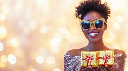 Smiling woman holding gold presents in a sparkling golden background, perfect for holiday celebrations.