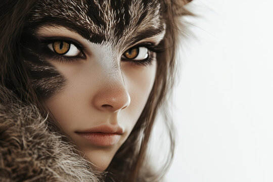 Mystical portrait of a half-cat woman with intense golden eyes, blending beauty and mystery