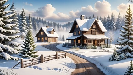 Fototapeta premium watercolor painting features snowy village scene small house pine trees natural elements