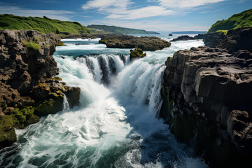 Obraz premium Aerial view of Icelandic landscape, beautiful landscape of Iceland featuring mountains, lake, and waterfalls
