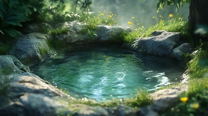 A small, clear pool of water surrounded by rocks and lush greenery.
