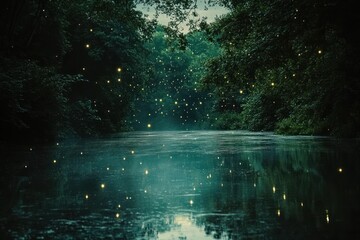 Fototapeta premium A Tranquil Forest River Illuminated by Fireflies at Dusk