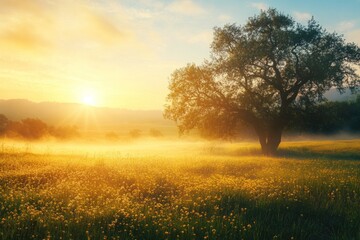 Fototapeta premium Sunrise Over a Field of Wildflowers with a Solitary Tree
