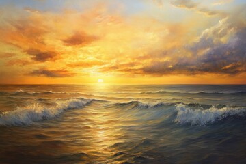 Obraz premium Golden Sunset Over a Choppy Sea with Dramatic Clouds
