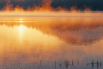Fototapeta premium Golden Sunset Reflection on a Still Lake with Reeds
