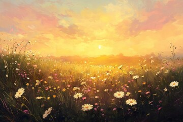 Naklejka premium A Golden Sunset Over a Field of Wildflowers