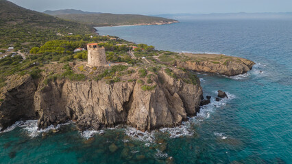 Seascape seen from the drone. Crystal clear water and rocks on the water
