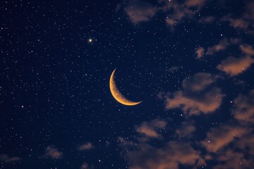 Naklejka premium Crescent Moon and Stars in a Night Sky with Clouds
