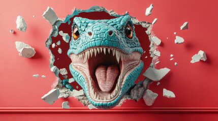Naklejka premium A blue dinosaur head bursts out of a red wall with its mouth open and tongue sticking out, with pieces of wall breaking away around it.