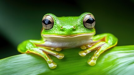 A close-up of a green tree frog sitting on a leaf with a blurred green background.