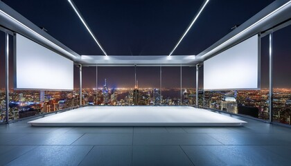 Modern exhibition space with empty mockup stands against a city view at night. 3D Rendering