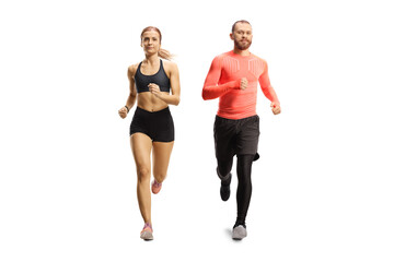 Man and woman jogging towards camera