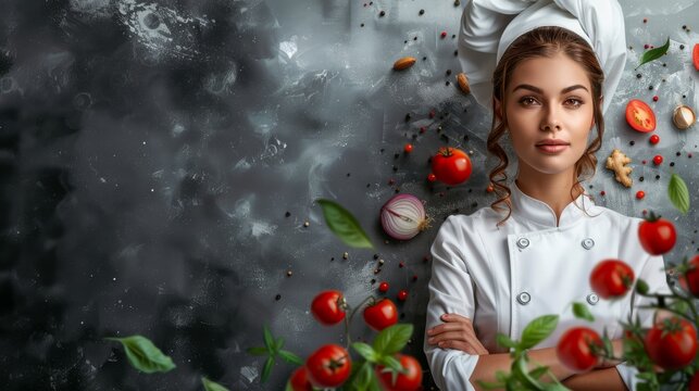 Chef in uniform stands confidently amidst fresh vegetables. Concept of culinary expertise and creativity. For promoting cooking workshops.