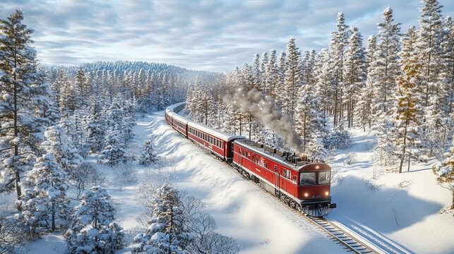 A beautiful holiday train travels through a snowy forest in the far north. Artwork for a Christmas card featuring a 3D illustration.