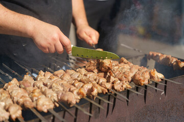 Beautiful photos of juicy shashlik being grilled on skewers on a smoky grill. Street food concept