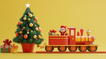 Naklejka premium A 3D image shows a Christmas tree in a pot, next to a toy train. The train is carrying presents and a cute animal. The background is a bright yellow.