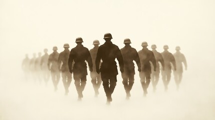 Naklejka premium Vintage sepia-toned image of soldiers marching, worn and slightly faded edges, giving a nostalgic feel for Veterans Day history 