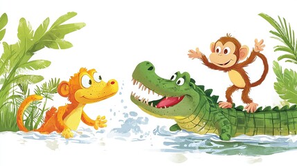 Obraz premium A monkey and a crocodile playing together in the water, on opposite sides