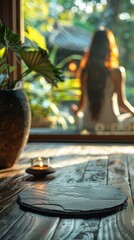 Fototapeta premium A person sits meditatively by a window, surrounded by plants and soft lighting. Concept embodies tranquility and mindfulness. For promoting relaxation and wellness practices