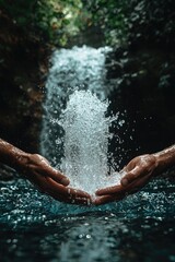 Fototapeta premium hands collect water in a waterfall. Selective focus