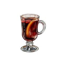 Glass of mulled wine, a warm wine drink. High quality illustration. Watercolor drawing on a white background. For cozy evenings, menus of cafes, showcases. Winter, autumn drink with citrus and apple 