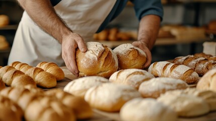 Artisan arranging freshly baked bread and pastries in a rustic bakery, golden hues and inviting scents for Small Business Saturday 