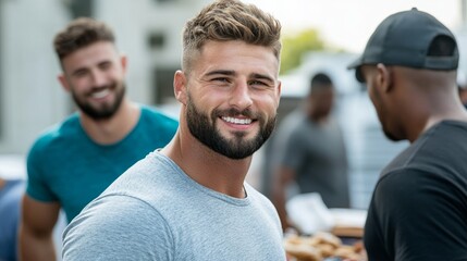 Group of men volunteering at a charity event, handing out food and supplies, representing compassion and service for International Men’s Day 