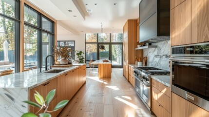 Fototapeta premium A luxurious kitchen with marble counters and large windows is filled with natural light. Concept is modern home interior design. For home decor inspiration