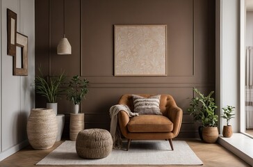 Scandinavian, Boho interior design of modern living room with accent armchair and big frame on brown wall. Lively decor highlights a simple, country style with modern elements.