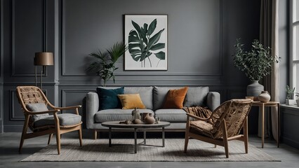 Scandinavian, boho, and minimalist interior design with a farmhouse touch in a cozy living room featuring an accent armchair. Lively decor blends country and boho styles with modern elements, creating