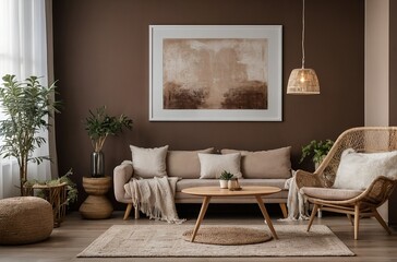 Obraz premium Scandinavian, Boho interior design of modern living room with accent armchair and big frame on brown wall. Lively decor highlights a simple, country style with modern elements.