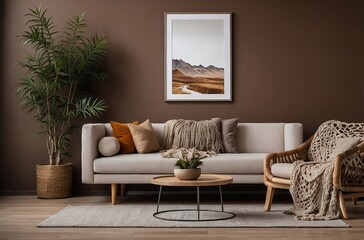 Scandinavian, Boho interior design of modern living room with accent armchair and big frame on brown wall. Lively decor highlights a simple, country style with modern elements.