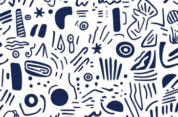 Simple line art pattern featuring dark blue lines on a white background, showcasing various shapes and symbols with clean lines and geometric forms.