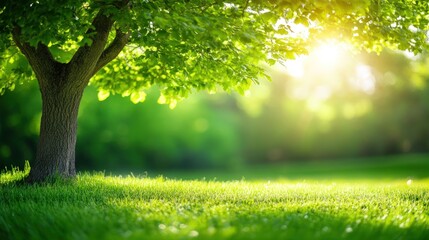 Fototapeta premium A single tree stands tall in a lush green field, bathed in the warm glow of the setting sun.