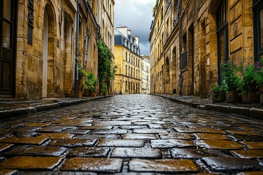 Wet cobblestone street in a narrow alleyway between old buildings