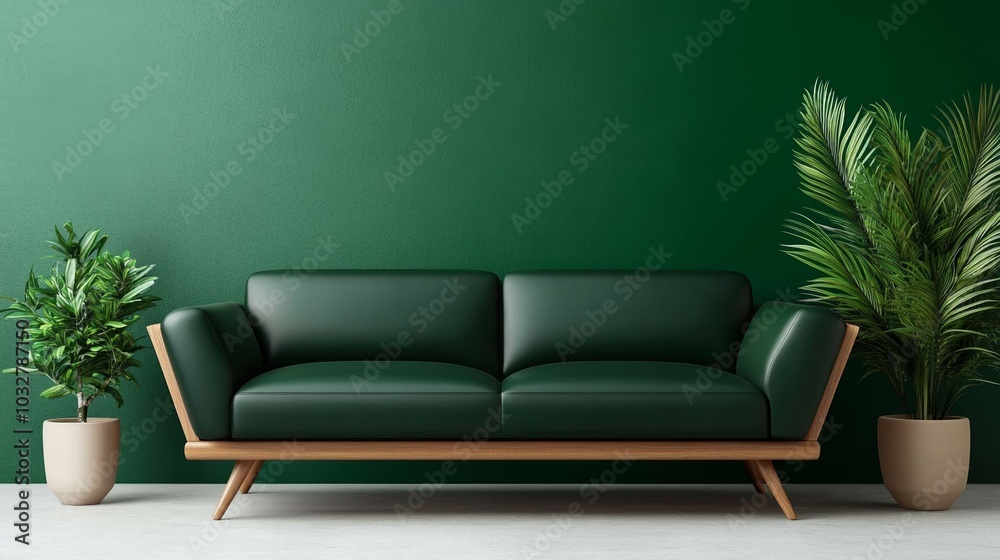 Sticker Forest green wall paint in a modern living room, contrasted with light wood accents and neutral decor, creating a calm and sophisticated interior space 