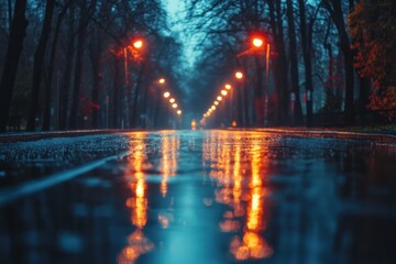 Obraz premium Wet Pavement Reflecting Street Lights In A Rainy Night