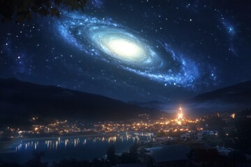 Nighttime View of a Small Town with a Sparkling Lake and the Milky Way Galaxy Above